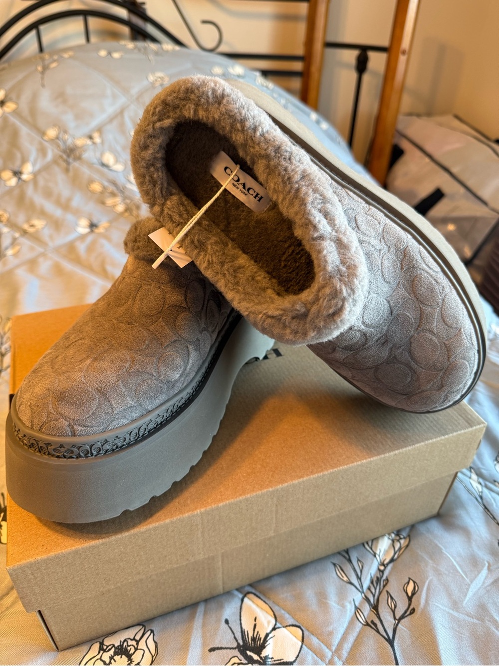 Coach Gray Suede Signature Shearling Platform Clogs - Picture 2 of 5